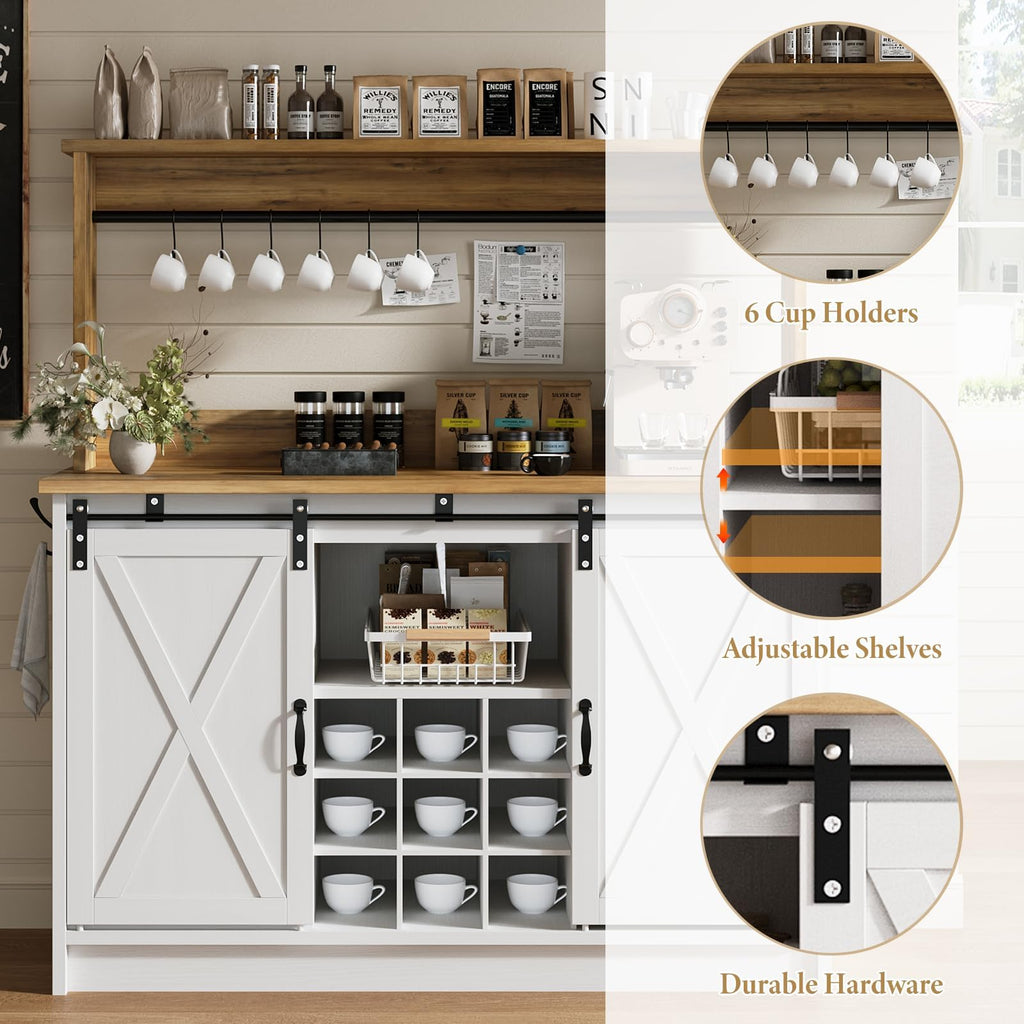 47" Farmhouse Coffee Bar Cabinet with Storage Hutch, White