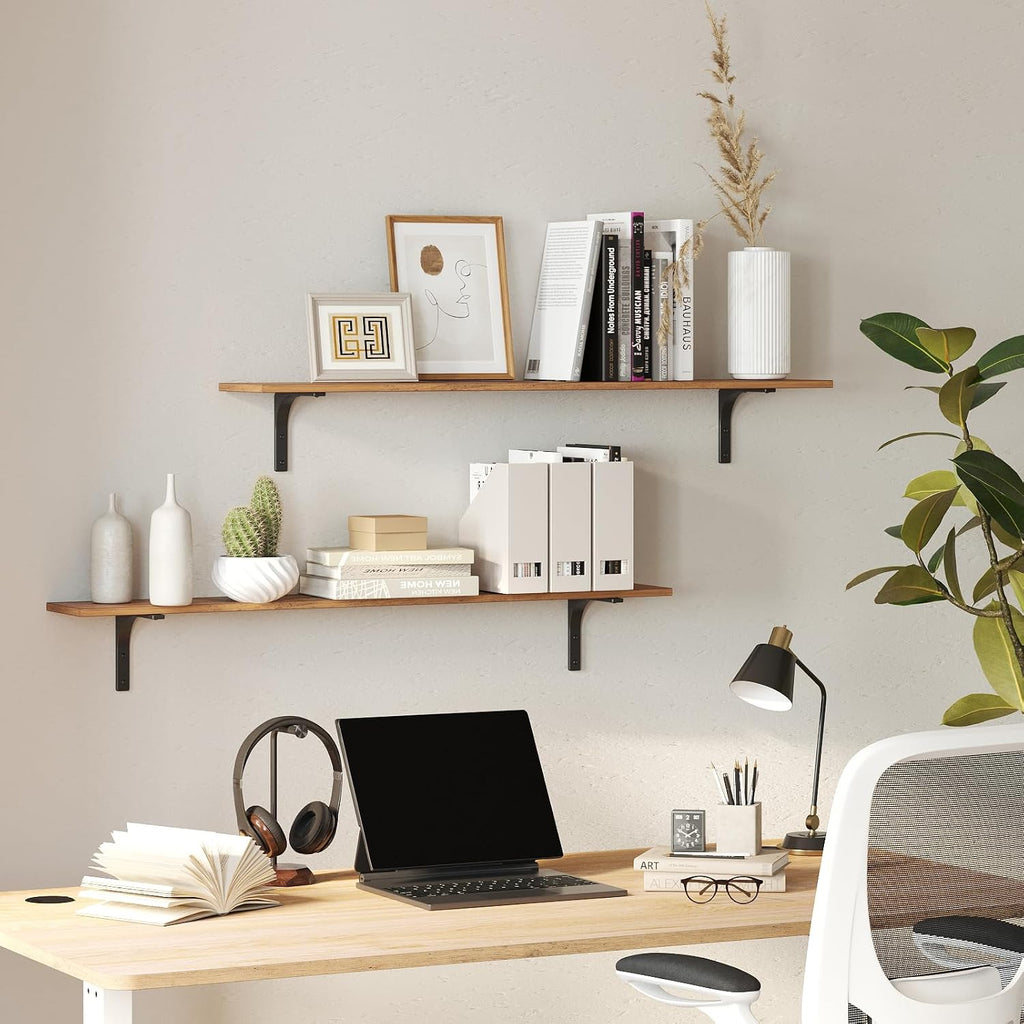 Long Wall Shelves, 55.1Inch Wooden Wall Mounted Shelves, Set of 2 | Large Floating Book Shelf, Metal Brackets, Easy