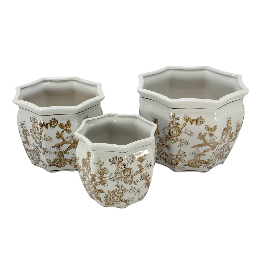 Brown & White Round Fluted Floral Porcelain Ceramic Plant Flower Planter Pot Set of 3 (7.5", 10", 13") Garden Pots