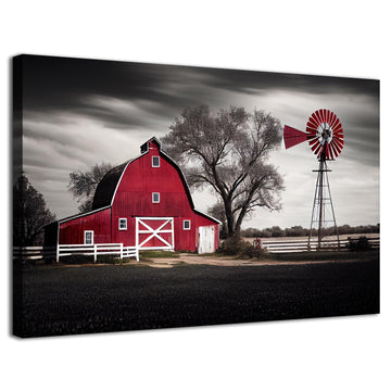 Country Wall Art Large Farmhouse Old Red Barn Canvas Picture Wood Artwork Rustic Farm Scene Windmill Painting Bedroom