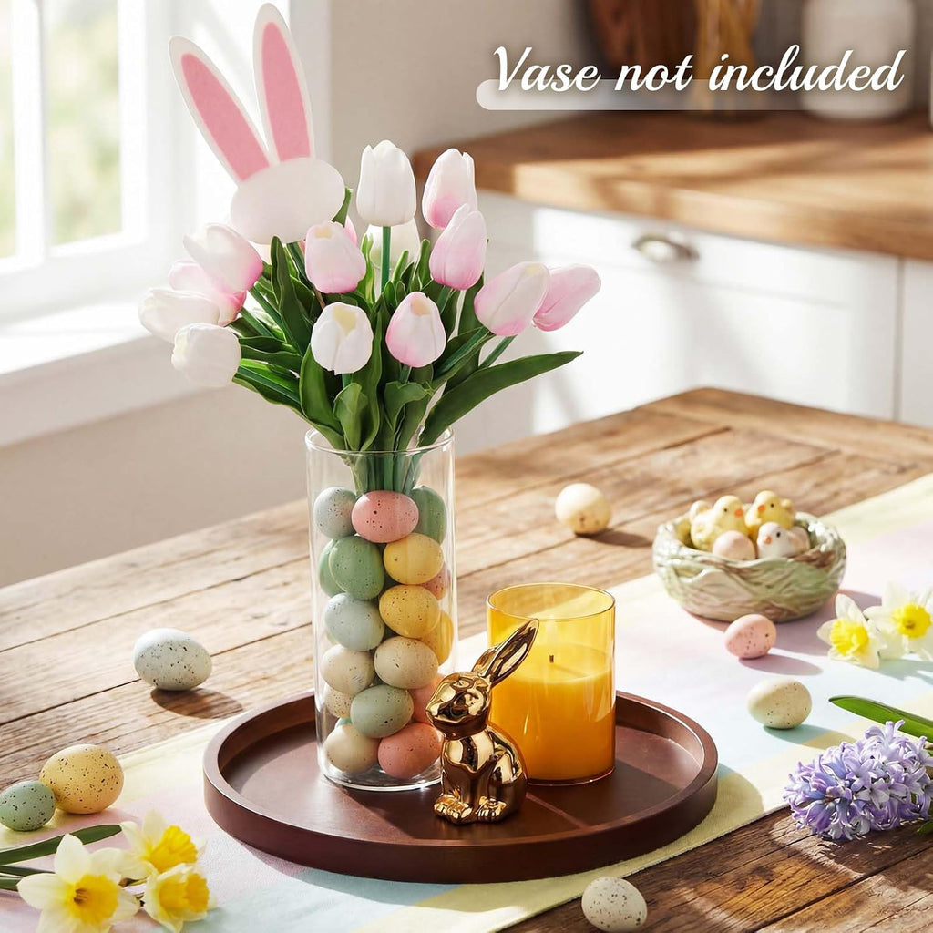 Spring Easter Centerpiece Table Decorations Pastel Eggs Artificial Tulips Bunny Statue Wooden Round Tray LED Candle - Set of 50
