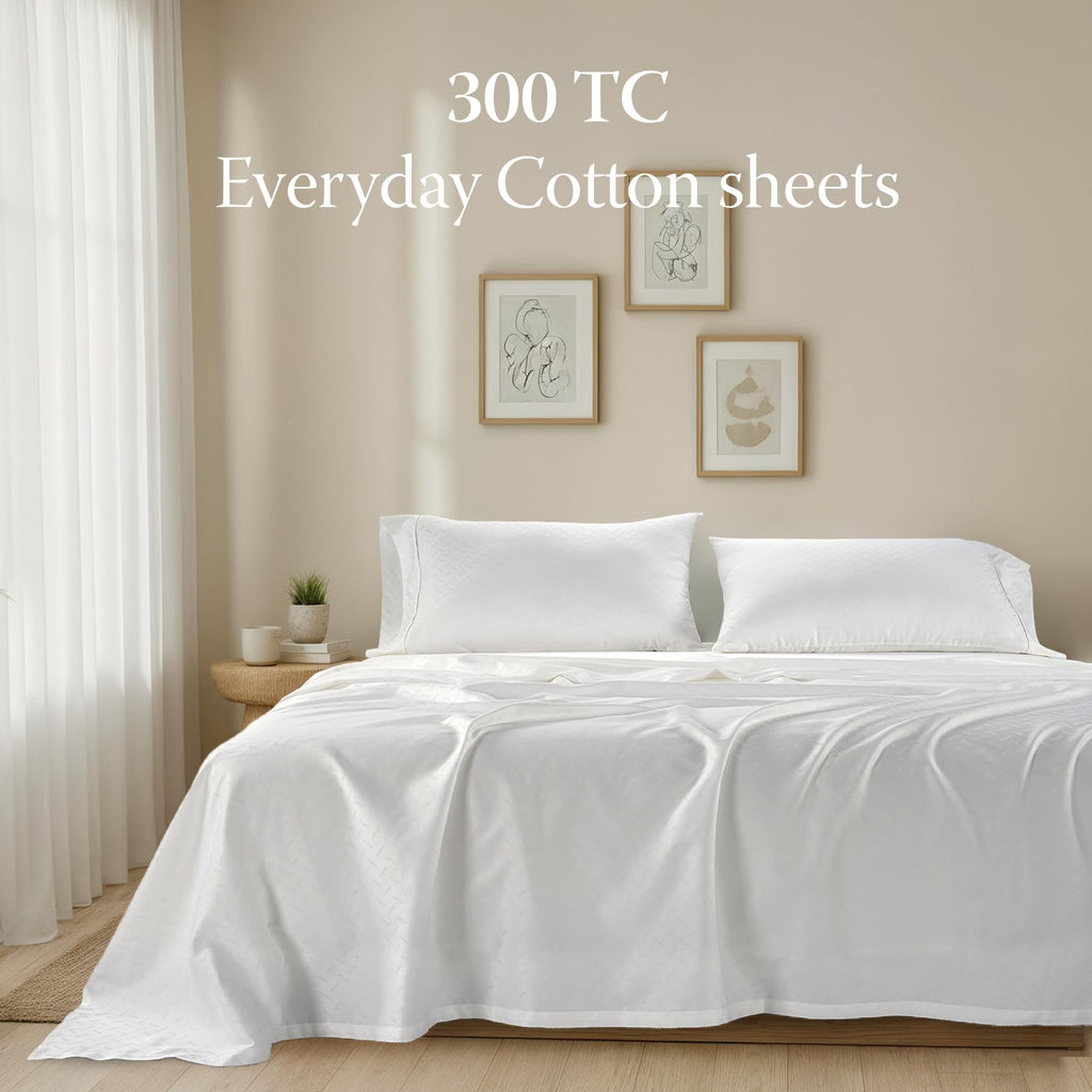 300 Thread Count Cotton Queen Sheet Set, Sateen, Jacquard, White