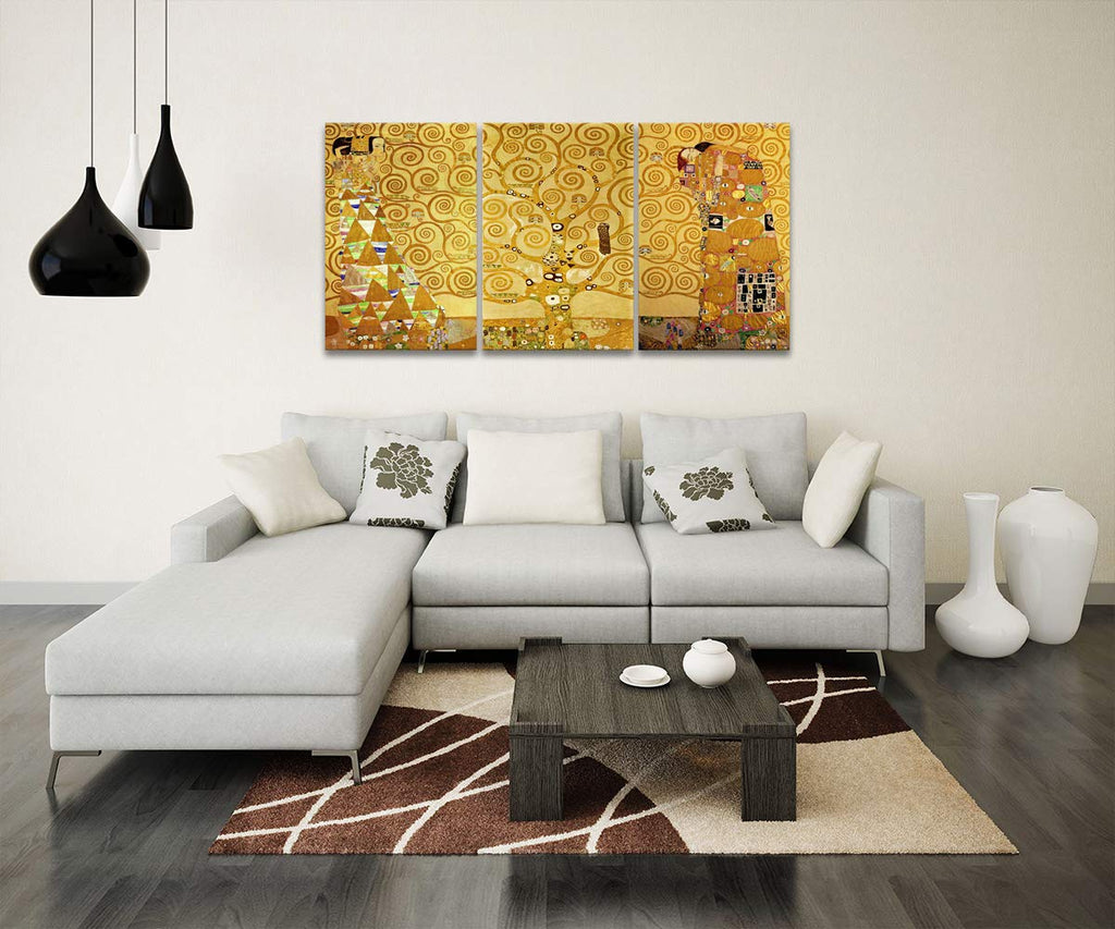 Gustav Klimt Painting Wall Art, The Tree of Life Canvas Picture Art Print, Modern Luxury Gold Style 3 Panels Wall