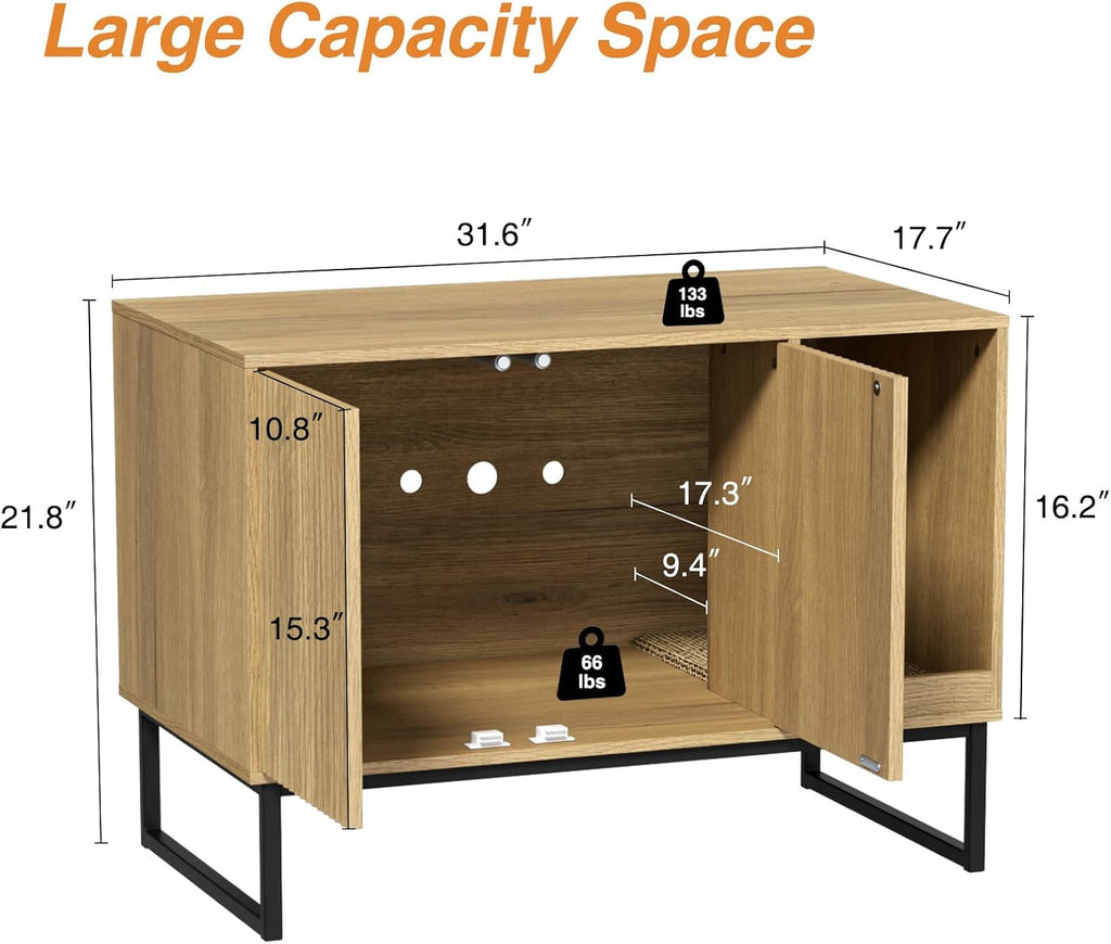 Cat Litter Box Enclosure, Fluted Hidden Litter Box Furniture with Scratch Pad and Metal Legs, Modern Enclosed Cat