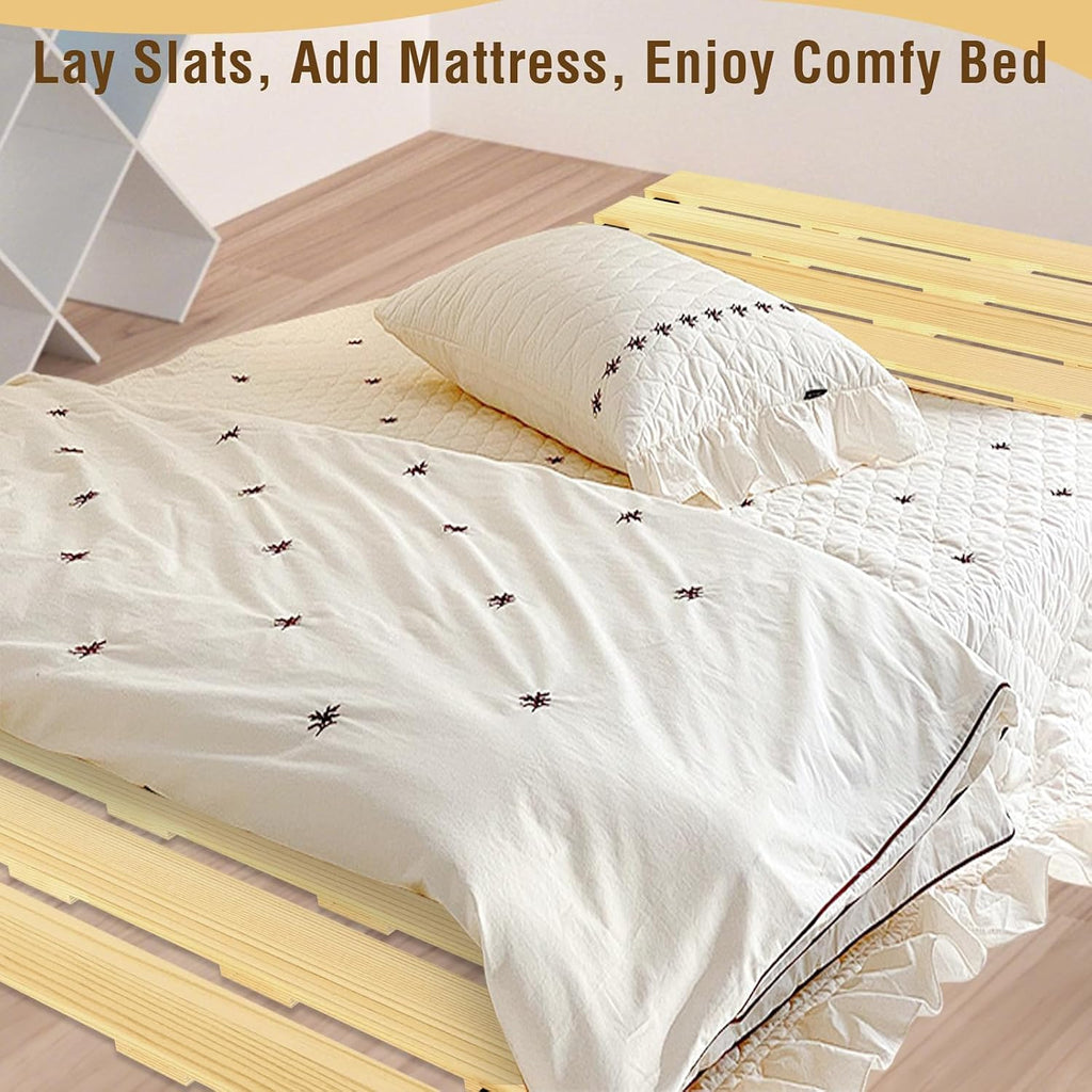 Tatami Mat Floor Bed, Knotless Solid Wood, Roll-Up Slatted Bed Plate with 2 Storage Straps, Moisture-Proof and