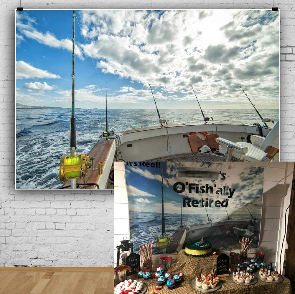 10x8ft Sea Landscape Backdrop Fishing Boat Fishing Poles Blue Sky White Cloud Photography Background Anglers Vacation