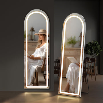 Arched Mirror Full Length with LED Lights, 16"x60" Body Wall Mirrors, Floor Standing Hanging Leaning, Tall Arch