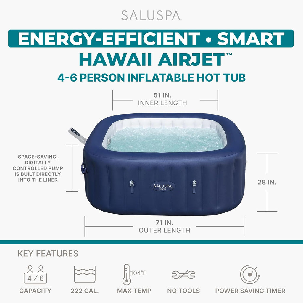 SaluSpa Hawaii 4 to 6 Person Inflatable Hot Tub, Square Energy-Efficient Portable Outdoor Spa with 140 AirJets, 71" x