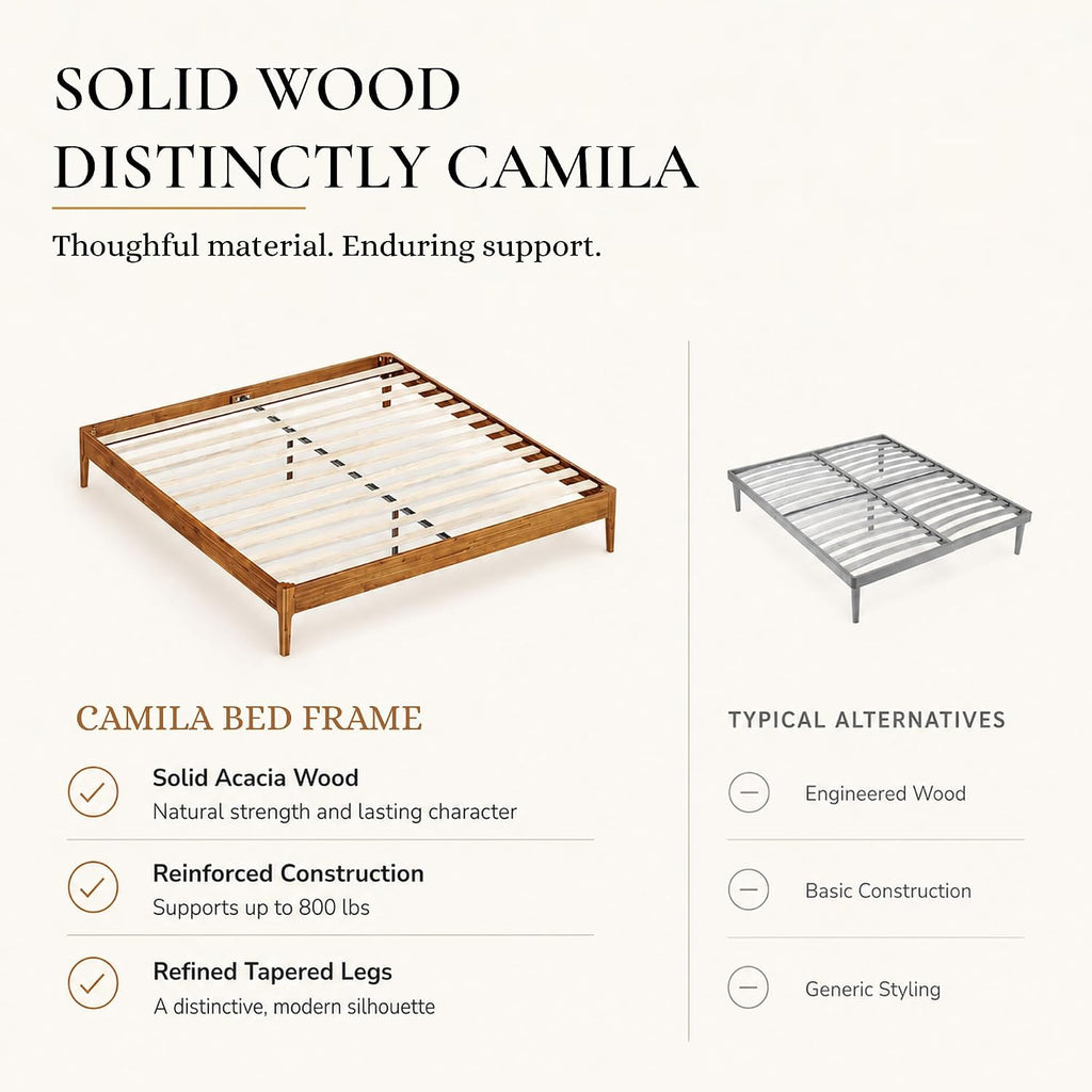 Camila 14'' Luxury Acacia Wood Bed Frame - Heavy Duty Platform, Japanese Joinery Bed Frame, No Box Spring