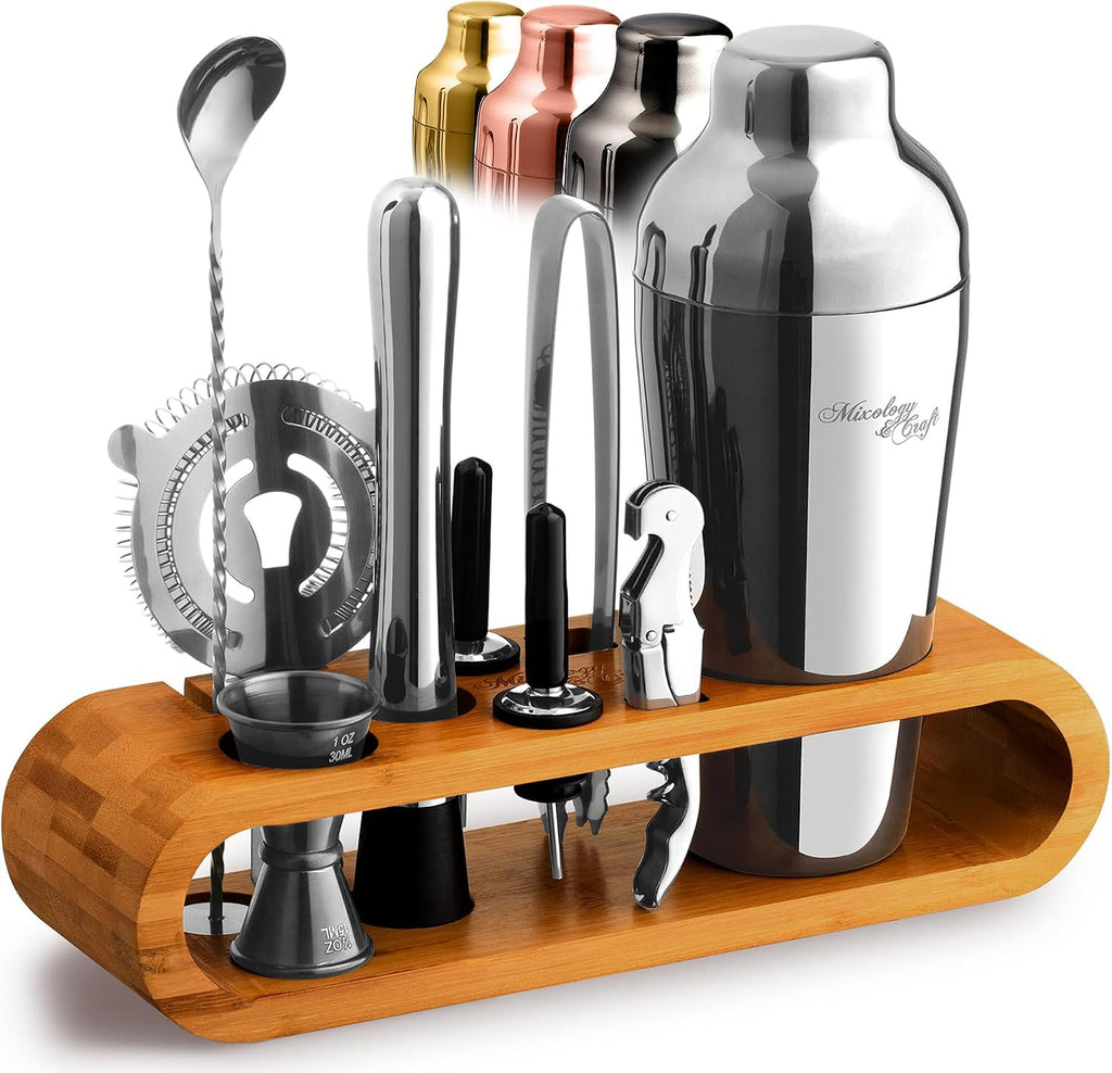 Mixology Cocktail Shaker Set - 10-Piece Cocktail Making Set - Home Bartender Kit in Bamboo Stand with Spoon, Boston