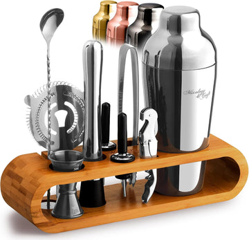 Mixology Cocktail Shaker Set - 10-Piece Cocktail Making Set - Home Bartender Kit in Bamboo Stand with Spoon, Boston - Set of 10