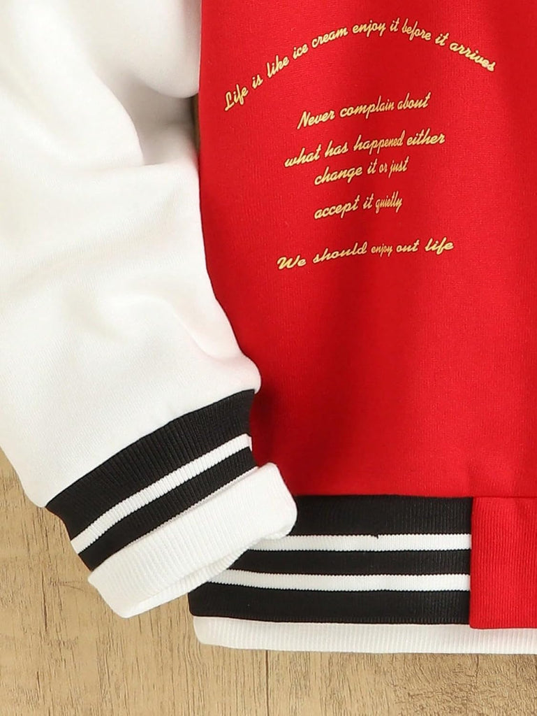 Boy's Letter Graphic Print Bomber Baseball Coat Button Front School Uniform Varsity Jacket