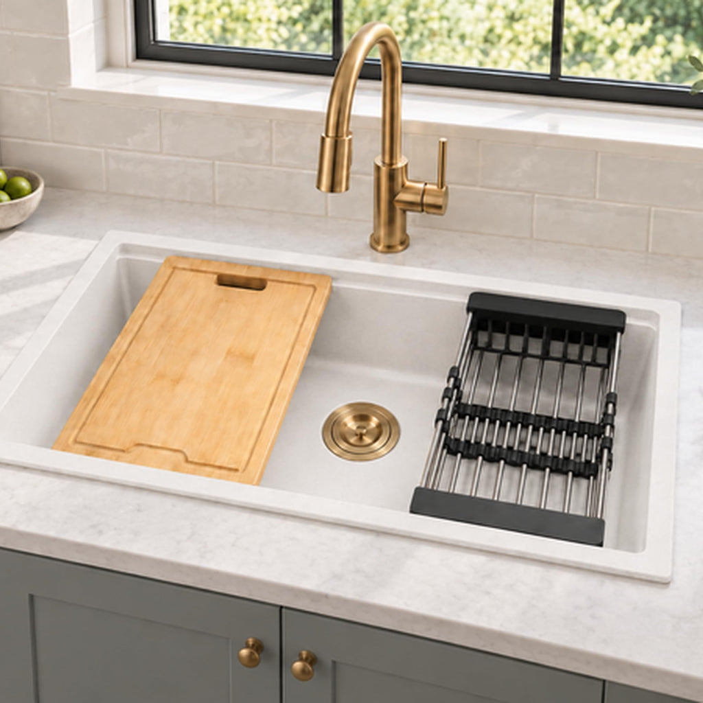 White Undermount Kitchen Sink 28 Inch, Workstation Granite Sink