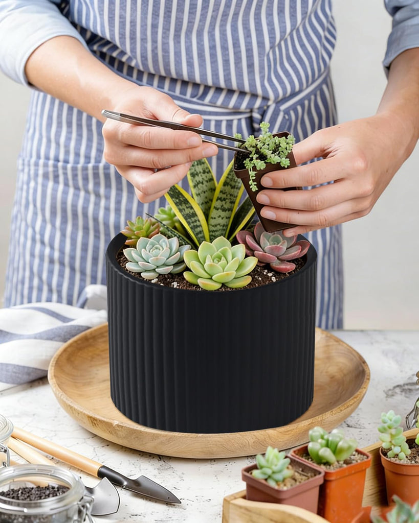 Matte Black Ceramic Plant Pots, 8.1 + 6 Inch Planters for Indoor Plants, Modern Flower Pots with Drainage, Two-Sizes