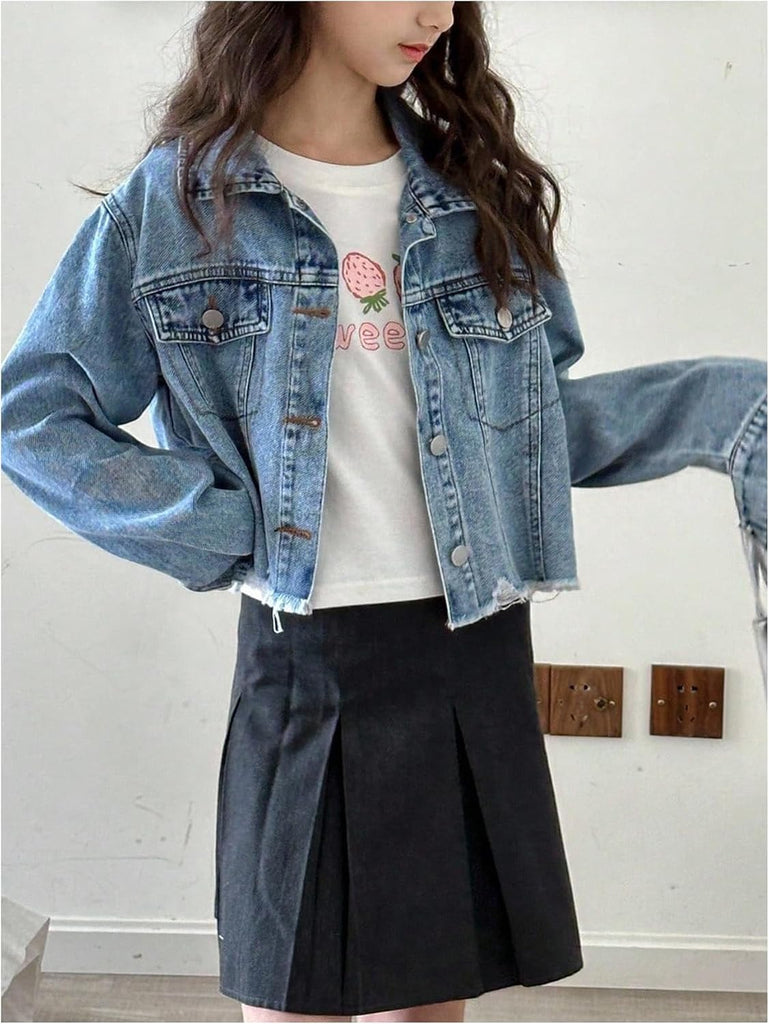 Girl's Crop Denim Jacket Long Sleeve Jean Jacket Fall Outerwear