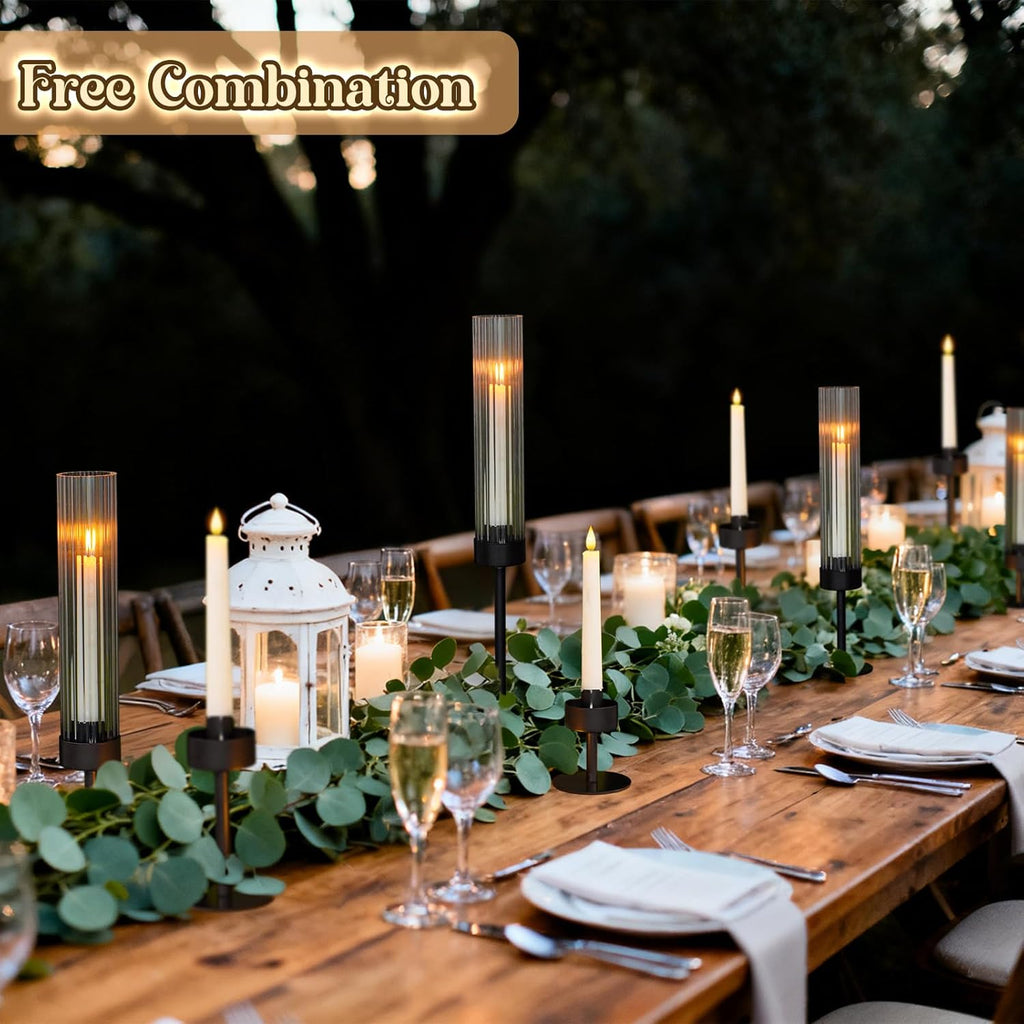 Metal & Acrylic Taper Candle Holders with Ribbed Design - Hurricane Clear Cylinder Candelabra, Dining Table