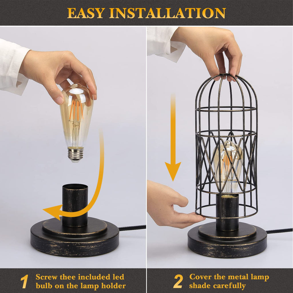 Industrial Table Lamp, 3-Way Dimmable Small Touch Lamp with Rustic Cage