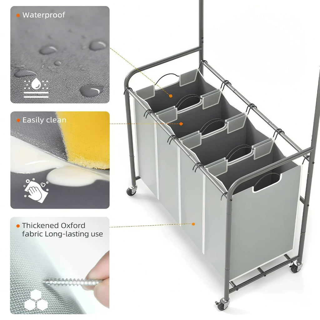 Laundry Hamper Sorter Cart, 4 Section Organizer with Hanging Bar