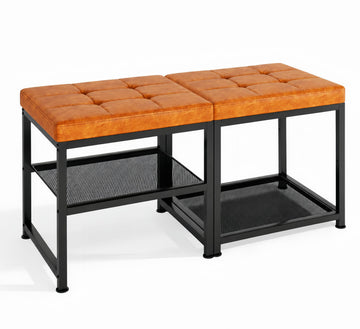 Set of 2 Small Shoe Storage Benches with PU Leather Cushion, 3-Tier Shoe Rack Organizer, Metal Mesh Shelves, Holds