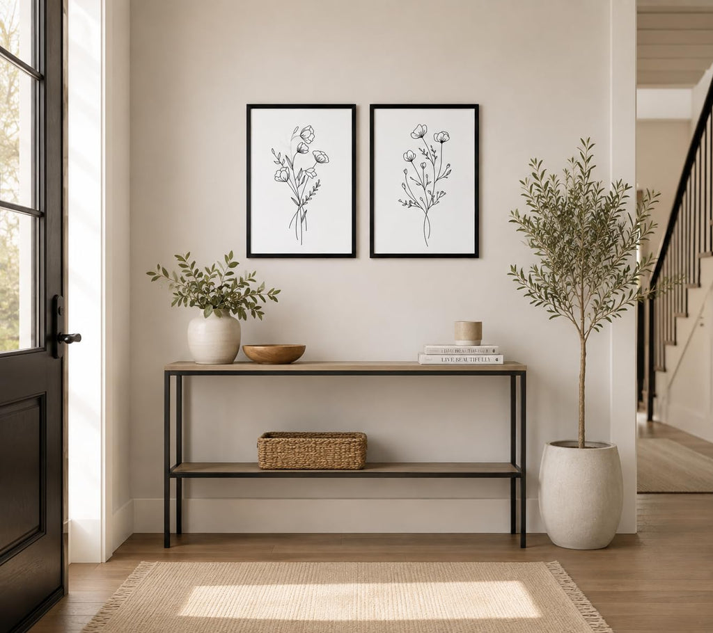 Framed Set of Two Canvas Wall Art Simple Botanical Line Print Black and White Floral Poster Modern Gallery Print Wall