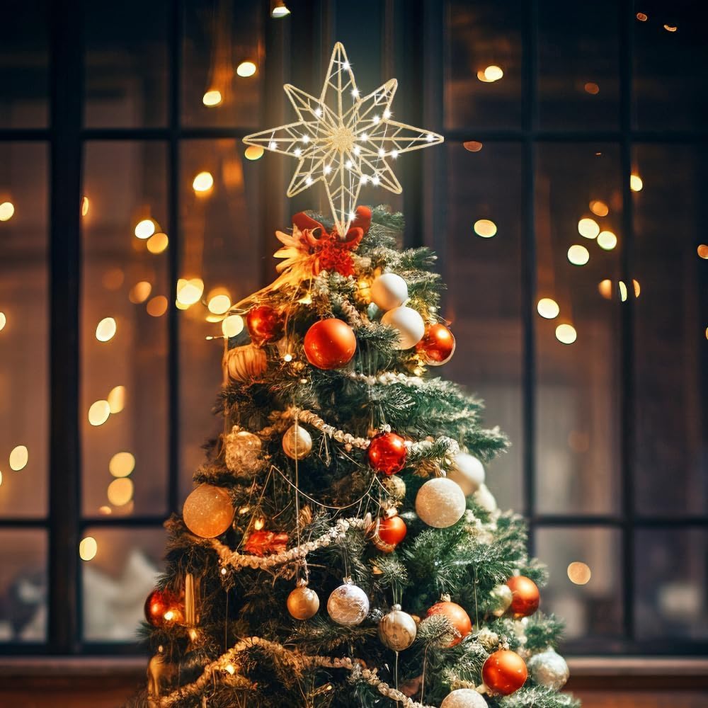 Christmas Tree Topper, 11 Inches Lighted Gold Glittered 8-Point Star Tree Topper, 30 LED Sparkling Tree Toppers