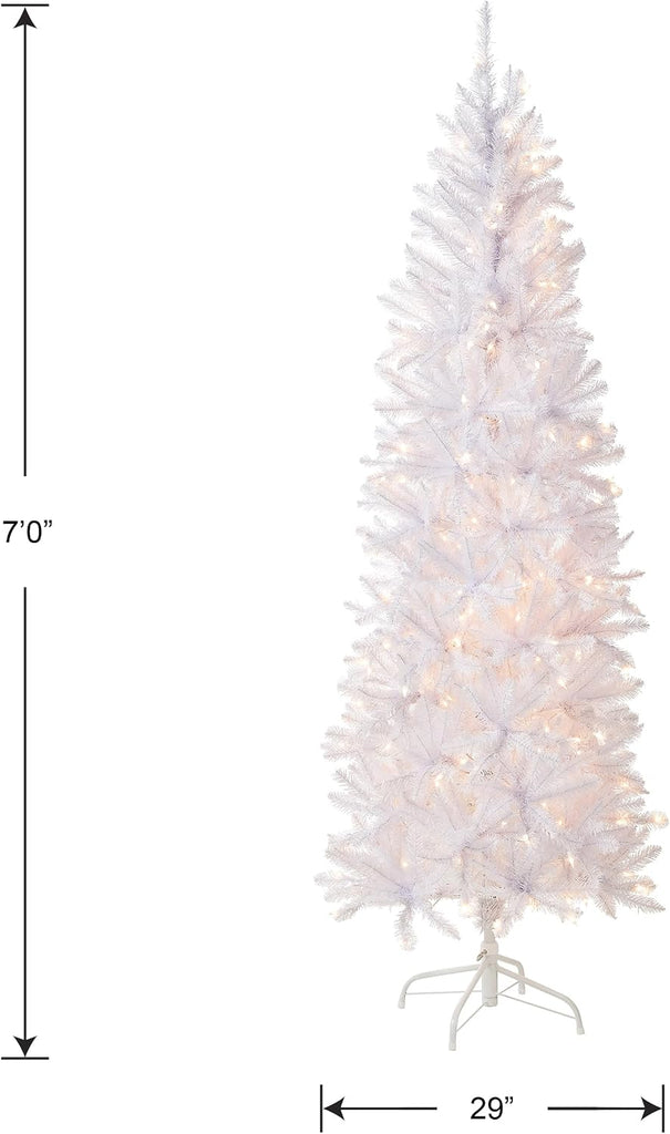 Tree Company 7ft Pre-Lit Kingswood Fir Slim Christmas Tree, White | 300 Clear Lights, 892 Tips, Includes Stand
