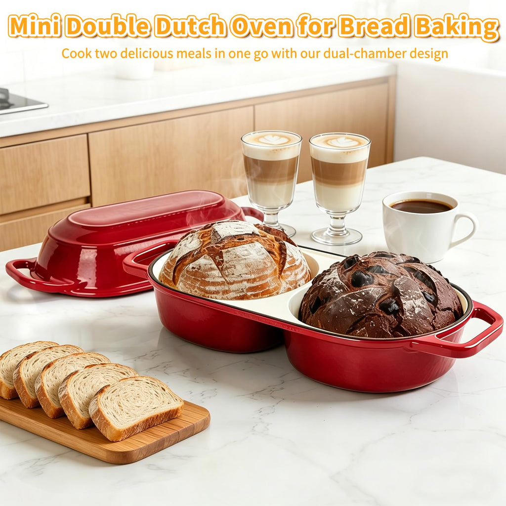 Mini Double Dutch Oven For Sourdough Bread Baking, 2.2QT Enameled Cast Iron