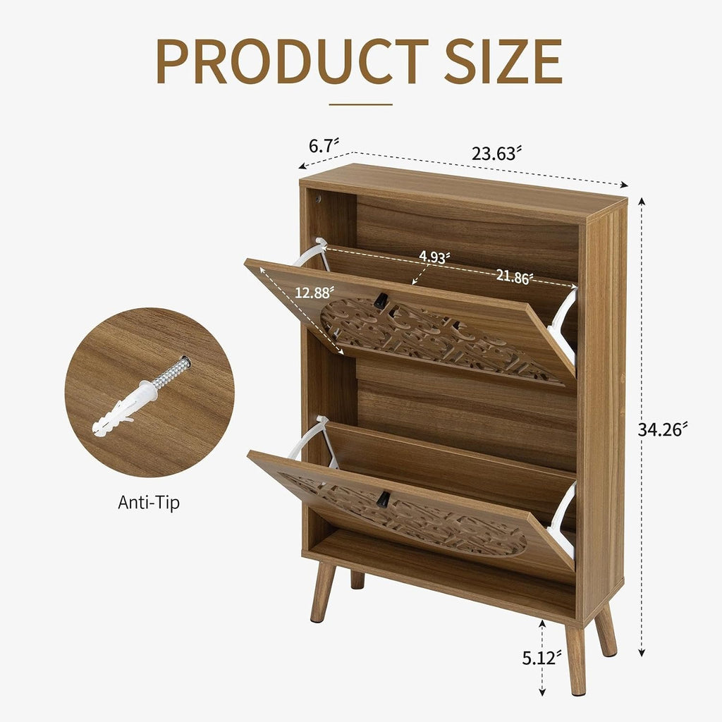 6.7" Ultra-Slim Shoe Cabinet with 2 Flip Drawers, Walnut | Heart-Shaped Hollow-Carved Entryway Organizer for Heels &