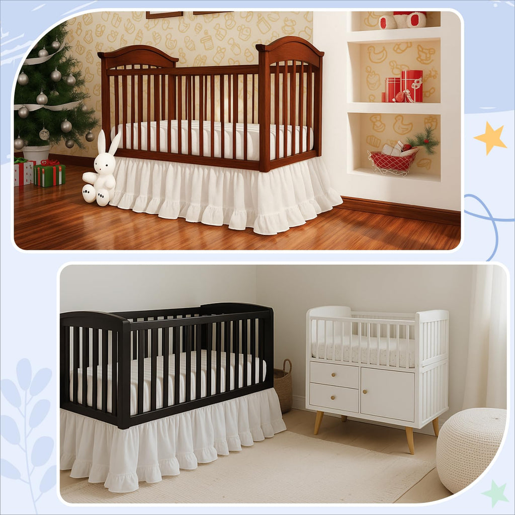 White Crib Skirt for Baby Girls Boys, 100% Washed Cotton Bed Skirt