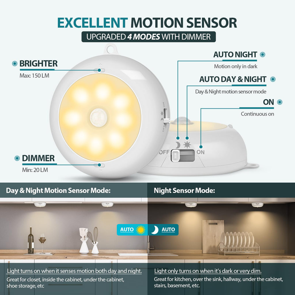 Motion Sensor Light Indoor AA Battery Operated, Under Cabinet Lighting, Magnetic Stick on LED Puck Lights for Stair