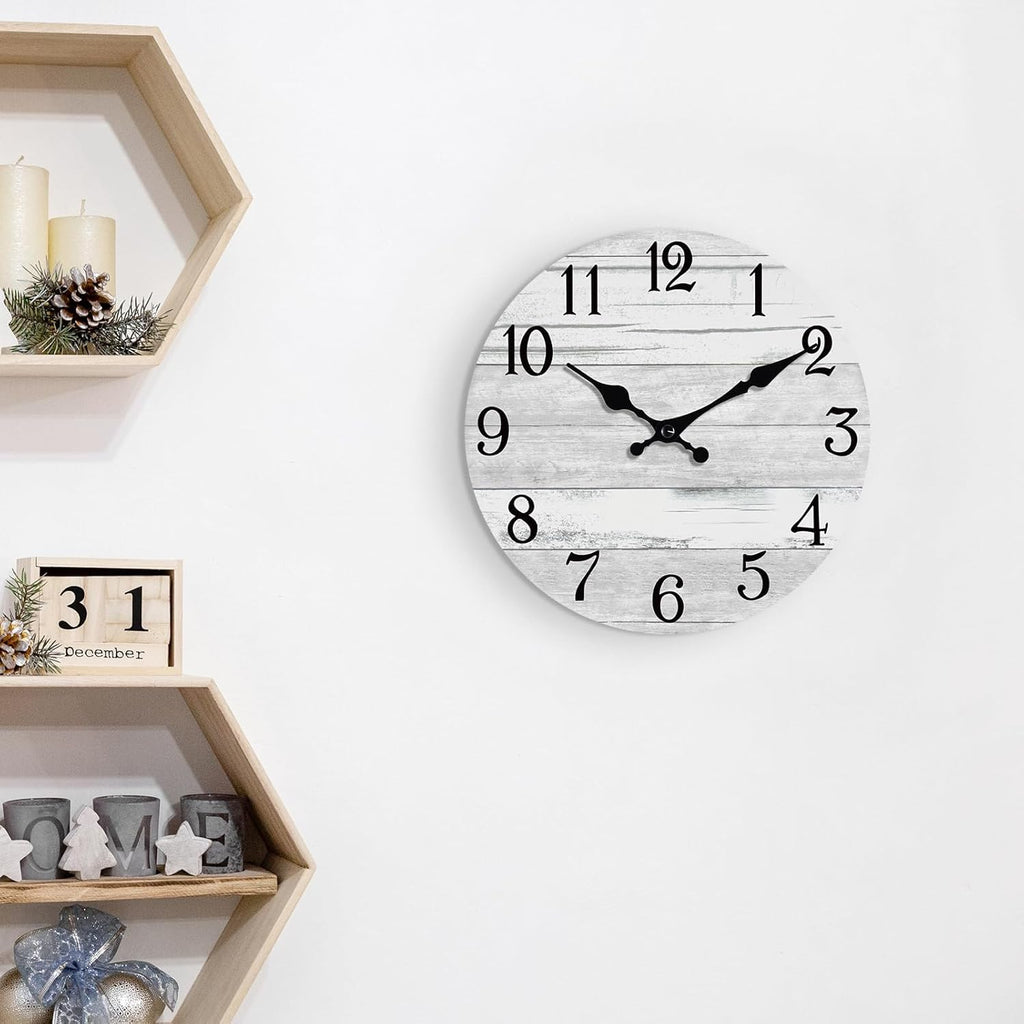 Wall Clock Battery Operated 14 Inch Large Gray Silent Non Ticking Country Rustic Design Vintage Retro Decorative