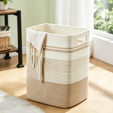 Rectangular Cotton Rope Laundry Hamper 60L Foldable Basket
