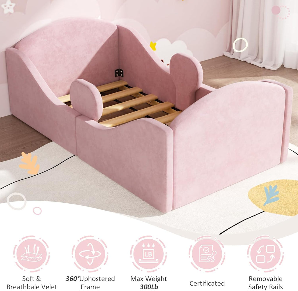 Toddler Bed, Toddler Floor Bed with Removable Safety Rails, Pink