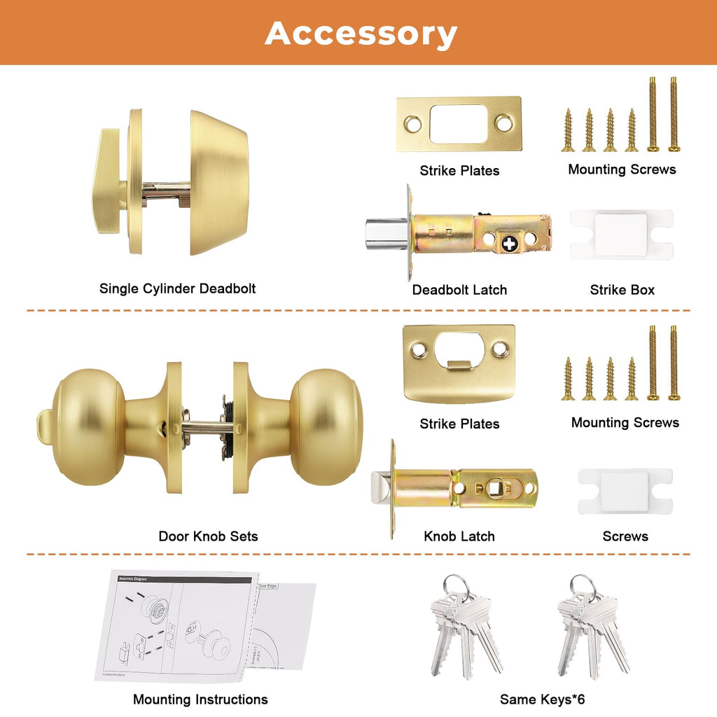 1 Pack Entry Door Knob Set, Gold, Single Cylinder Deadbolt