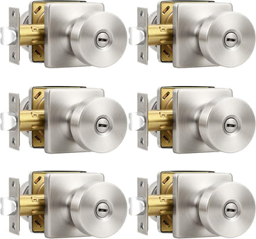 Privacy Door Knobs Interior 6 Pack, Satin Nickel Door Knob with Lock Inside, Keyless Bedroom and Bathroom Locking
