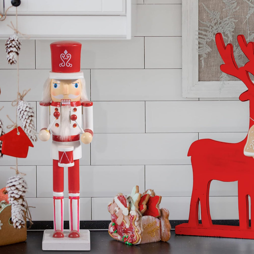 Red and White Christmas Nutcracker 15-Inch Set of 4 Wooden King and Soldier Nutcracker Figurine Display Set