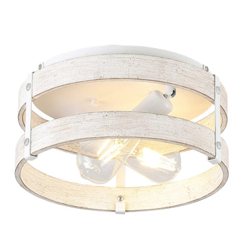 Modern Farmhouse ?Antique White Distressed Flush Mount Light Fixture 2-Light Wood Drum Semi Flush Mount Ceiling Light