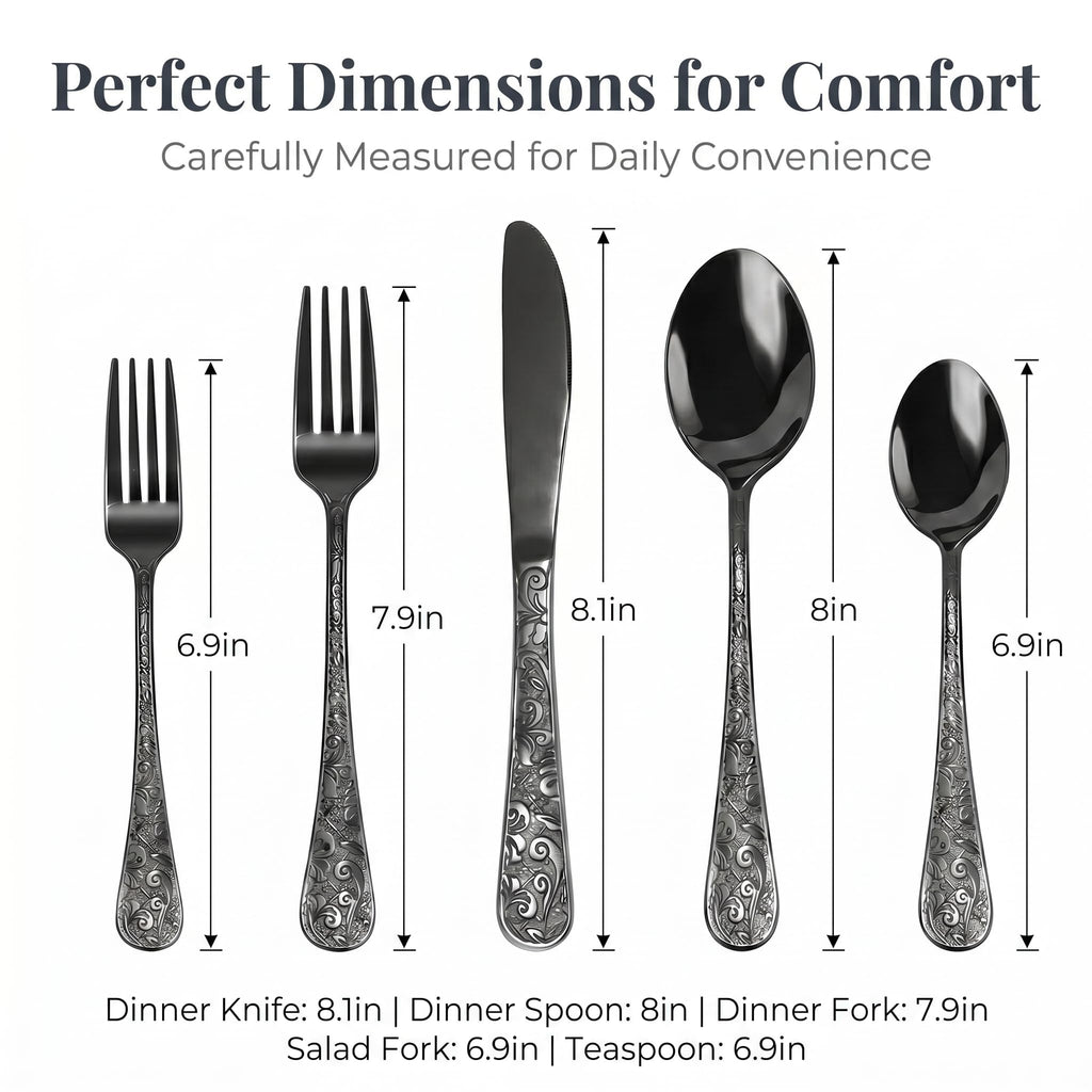 Black Silverware Set, 30 Pieces Vintage Carved Flatware Set for 6, Stainless Steel Cutlery Set with