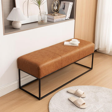 Entryway Bench End of Bed, Modern Ottoman with Faux Leather Upholstered Seating, Metal Frame Leather Bench Living