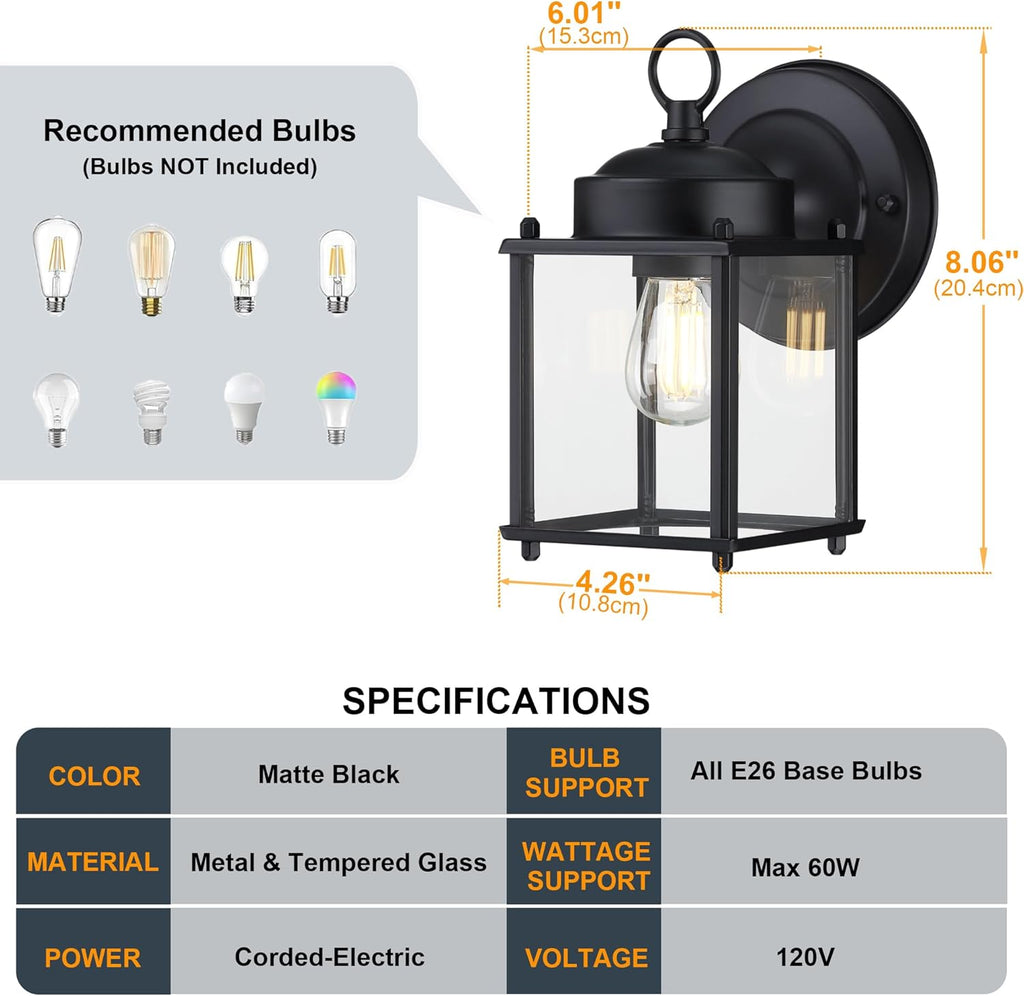 Outdoor Wall Sconce, Exterior Wall Lighting Fixtures with Clear Glass, Front Porch Lighting