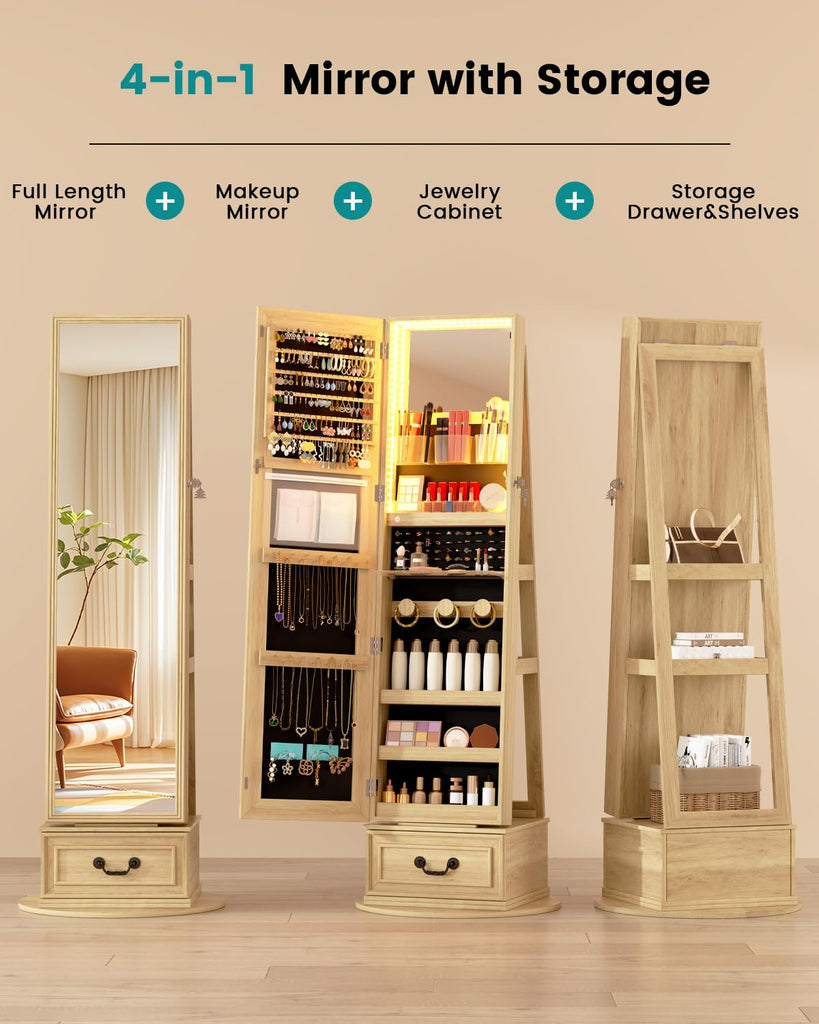 Mirror Jewelry Cabinet with Lights, Full Length Mirror and Storage