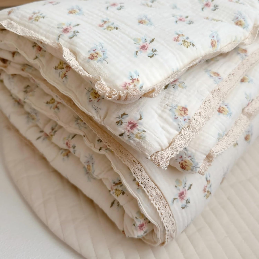 Kids Blanket Cotton Toddler Quilt Muslin Blankets, Reversible Floral Baby Blanket for Girls Boys Crib Comforter Baby