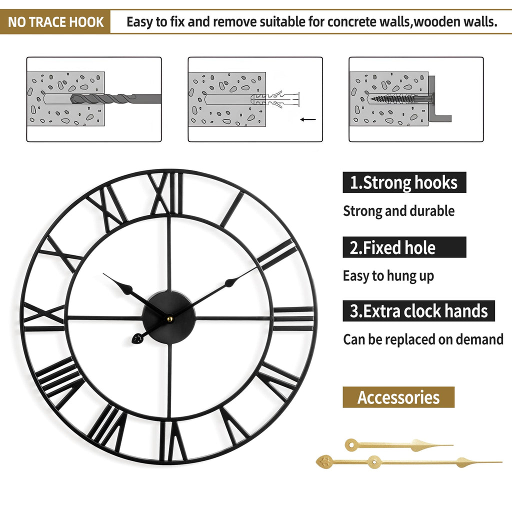 Large Wall Clock Decor - 60cm/ 24 Inches Silent Non-Ticking Metal Wall Clocks Battery Operated, Vintage Decorative