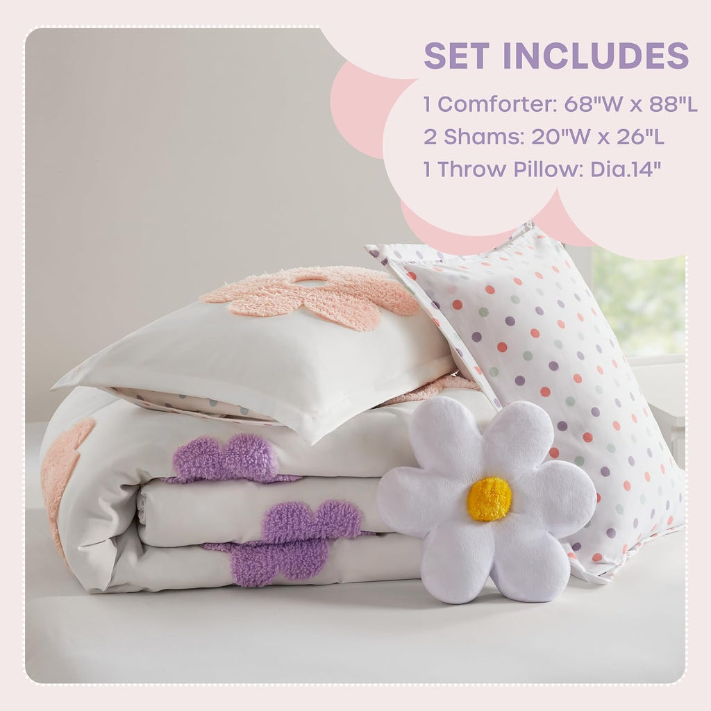 Kids Full Comforter Set for Girls, Tufted Chenille Floral Comforter Set Queen, Lightweight Polka Dot Reversible Bed