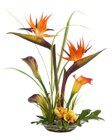 Artificial Bird of Paradise & Calla Lily Silk Flower Centerpiece in Glass Bowl with Acrylic Water