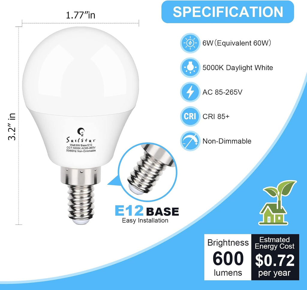 Candelabra LED Light Bulbs 60-Watt Equivalent, Daylight White 5000K, E12 Candelabra Base, 6 Watt A15 LED Bulbs