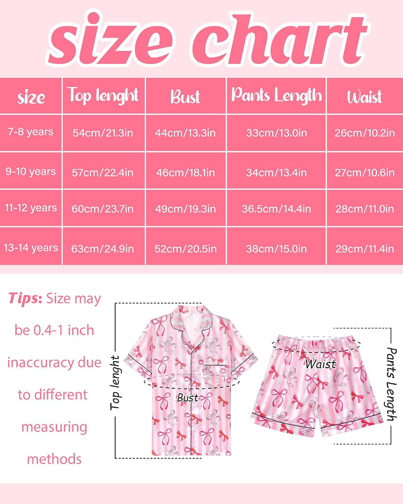 Girls Pajamas Satin Pajama Set Silk Pjs Short Sleeve Button Down Summer Bow Sleepwear for Big Kids