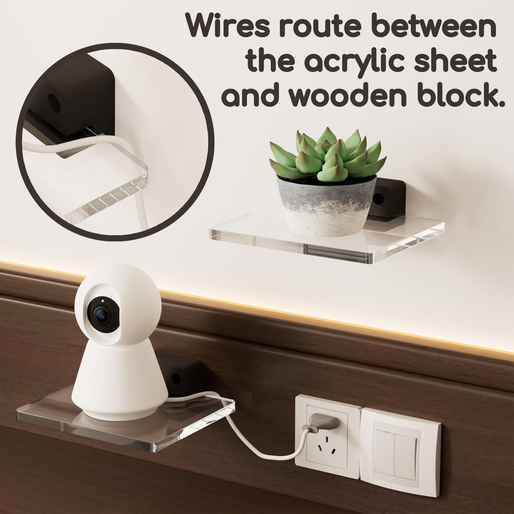 Acrylic Floating Shelves, Wall Mounted Shelves with Solid Pine Base