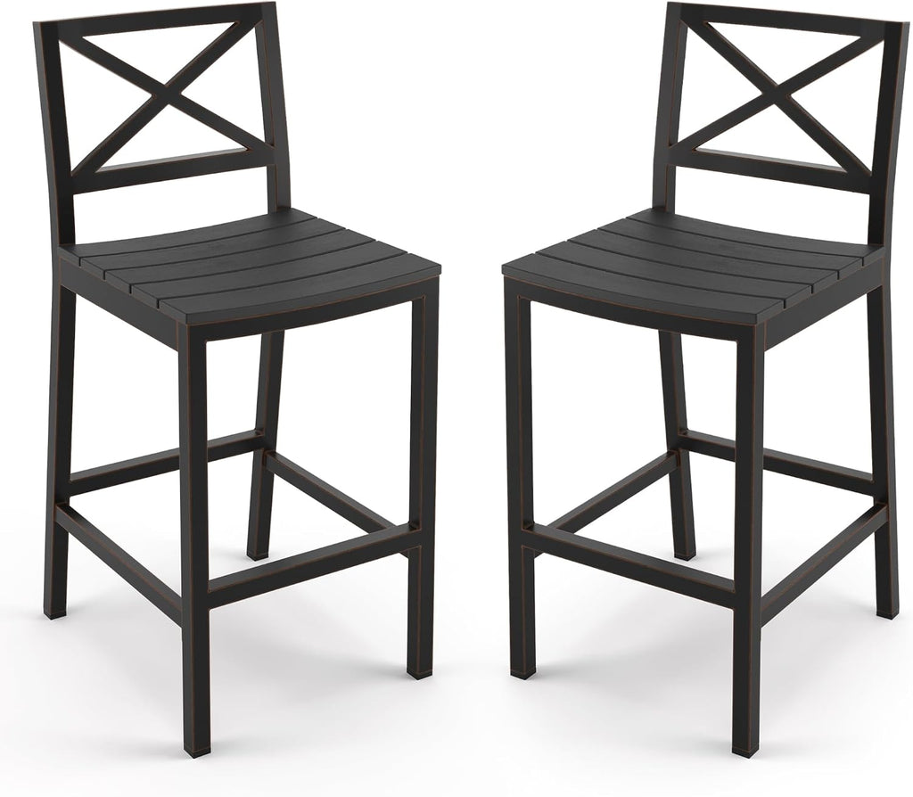 Outdoor Bar Stools Set of 2, 26 Inch All Weather HDPS Patio Counter Height Barstools with Back & Footrest, Aluminum