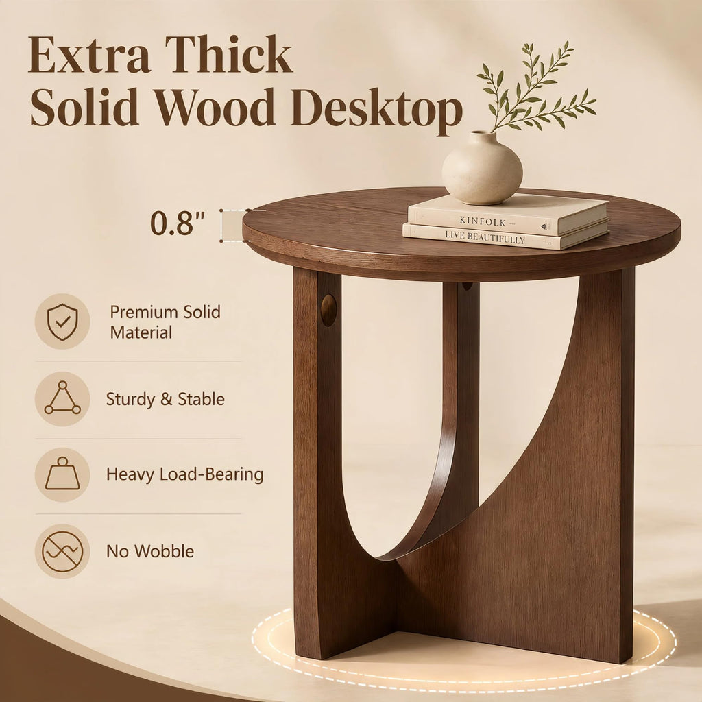 100% Solid Wood Round Side Table, 19.7'' Walnut Brown Small End Table, Sofa Side Table with Sculptural Curved Base